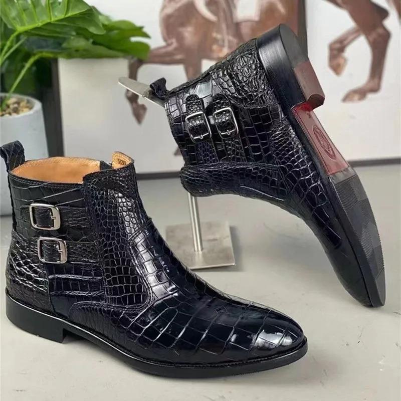 Handmade Crocodile Leather Men's Buckle Boots