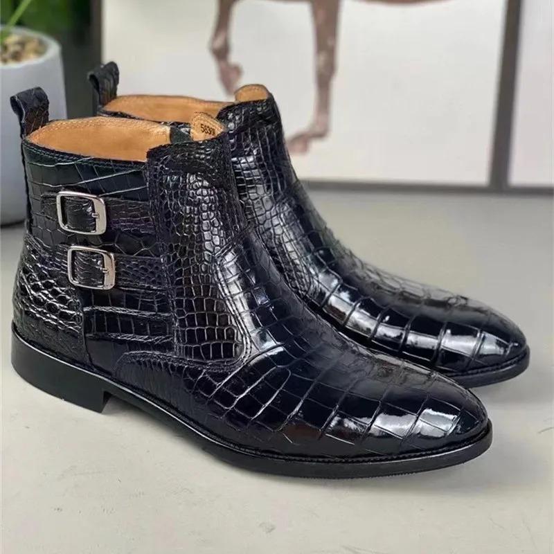 Handmade Crocodile Leather Men's Buckle Boots