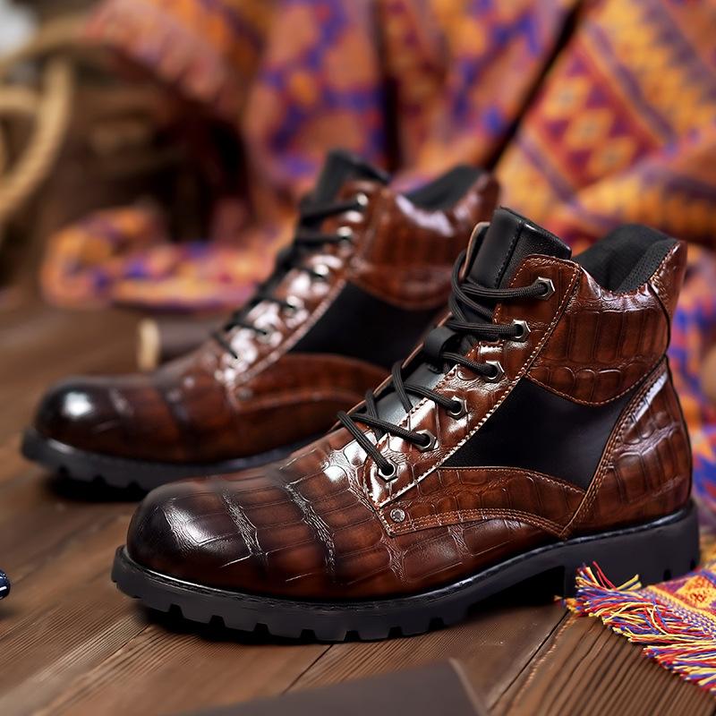 Men's Vintage Crocodile Leather Mid-Top Martin Boots