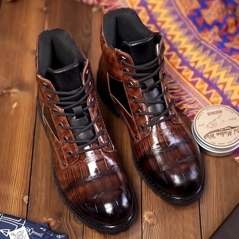 Men's Vintage Crocodile Leather Mid-Top Martin Boots