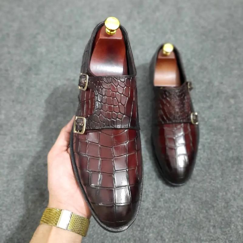 Crocodile Textured Leather Double monk Dress Shoes