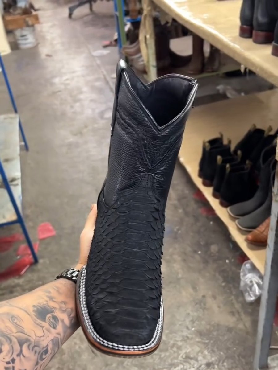Men's Crocodile Block Heel Flat Toe Ankle Boots