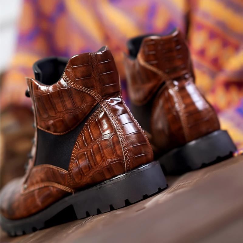 Men's Vintage Crocodile Leather Mid-Top Martin Boots