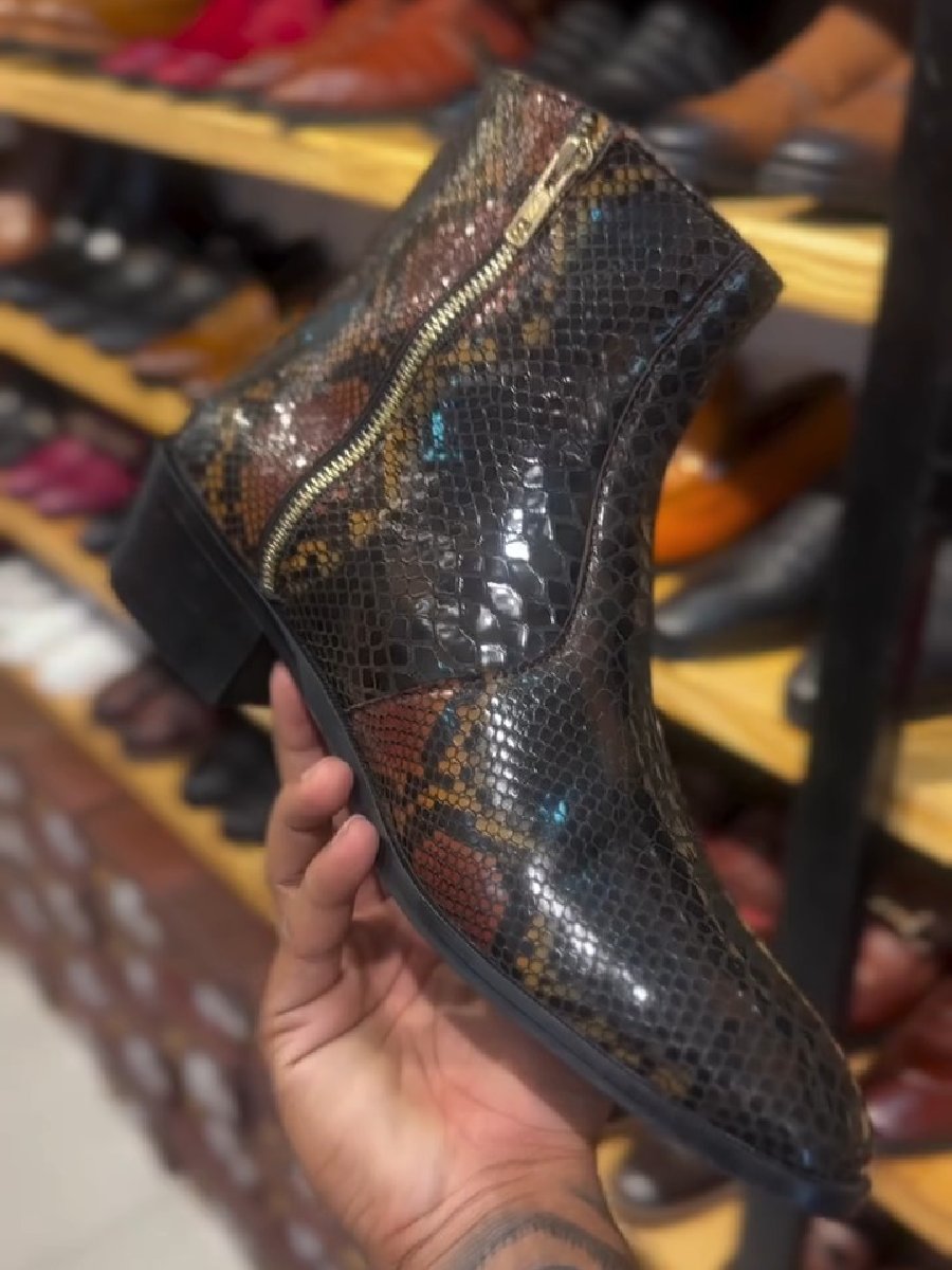 Men's Python Print Leather Handmade Ankle Boots