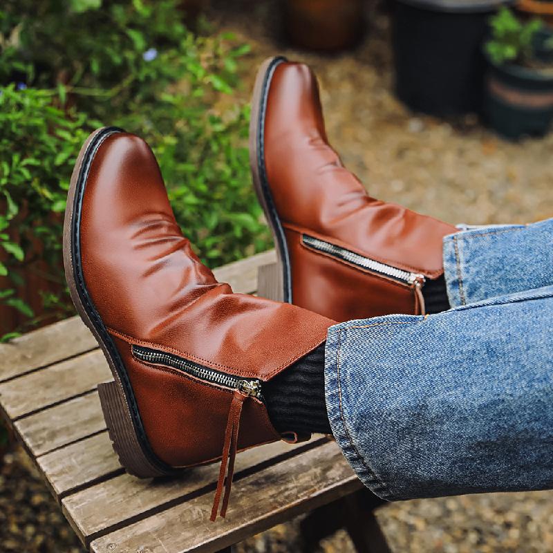 Men's Side Zipper Pleated Boots