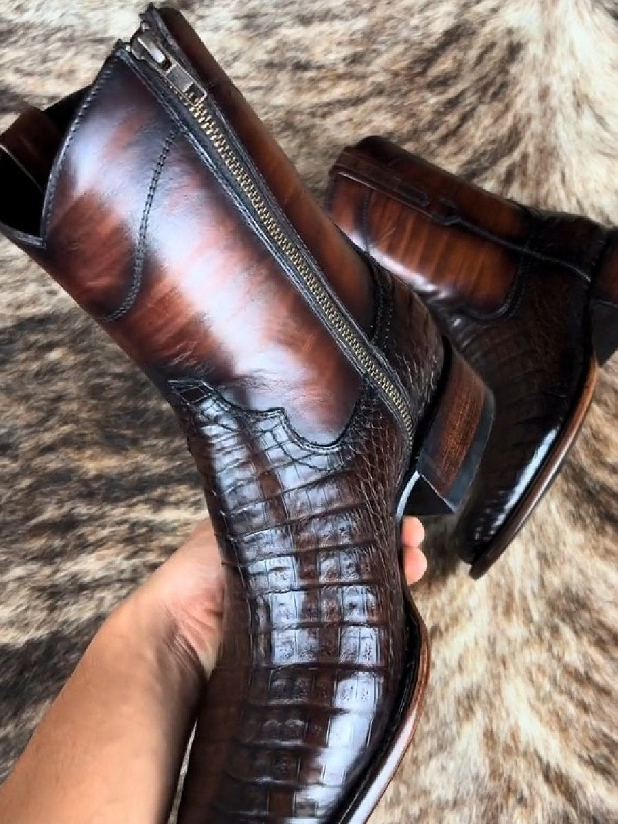 Italian Handmade Men's Crocodile Leather Zipper Boots
