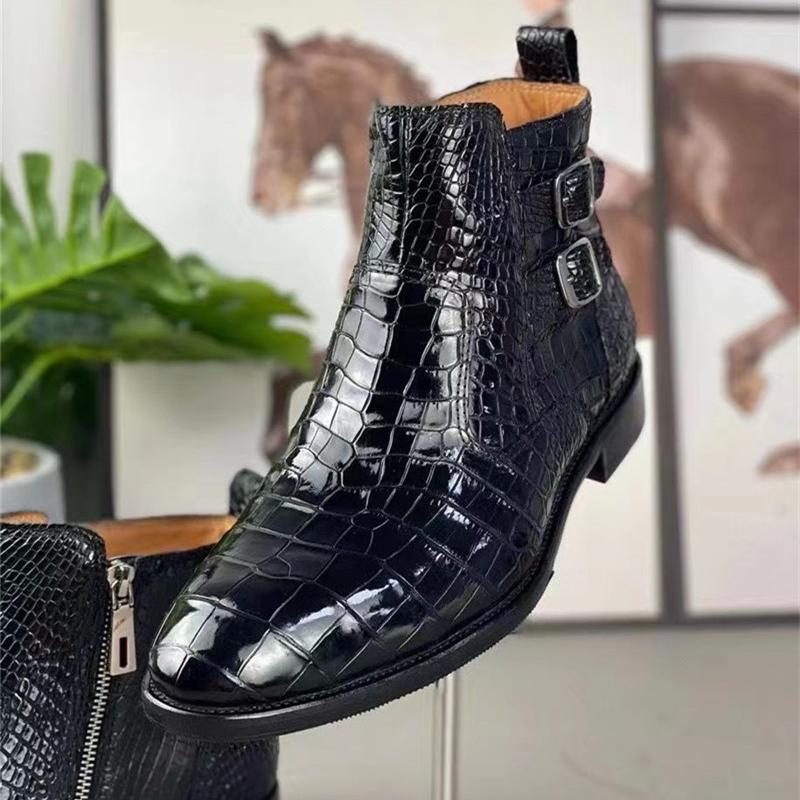 Handmade Crocodile Leather Men's Buckle Boots