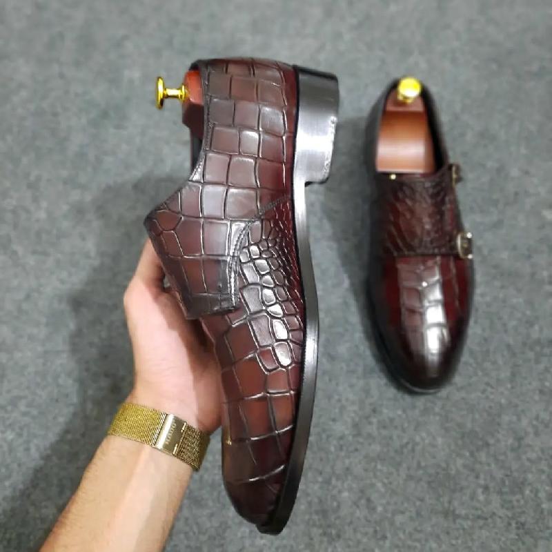 Crocodile Textured Leather Double monk Dress Shoes