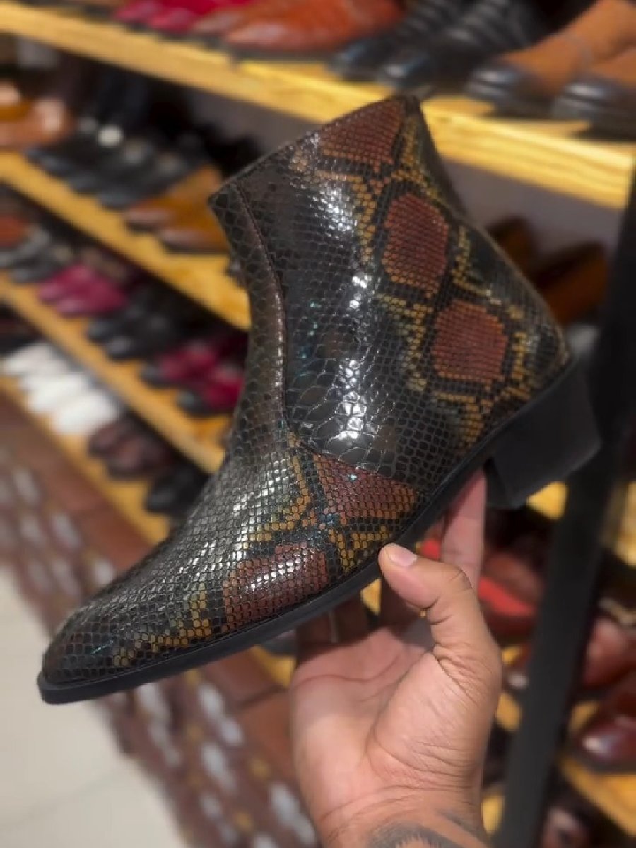 Men's Python Print Leather Handmade Ankle Boots