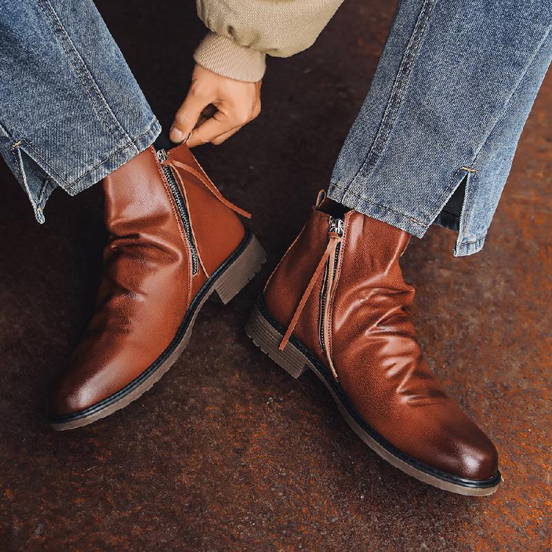 Men's Side Zipper Pleated Boots