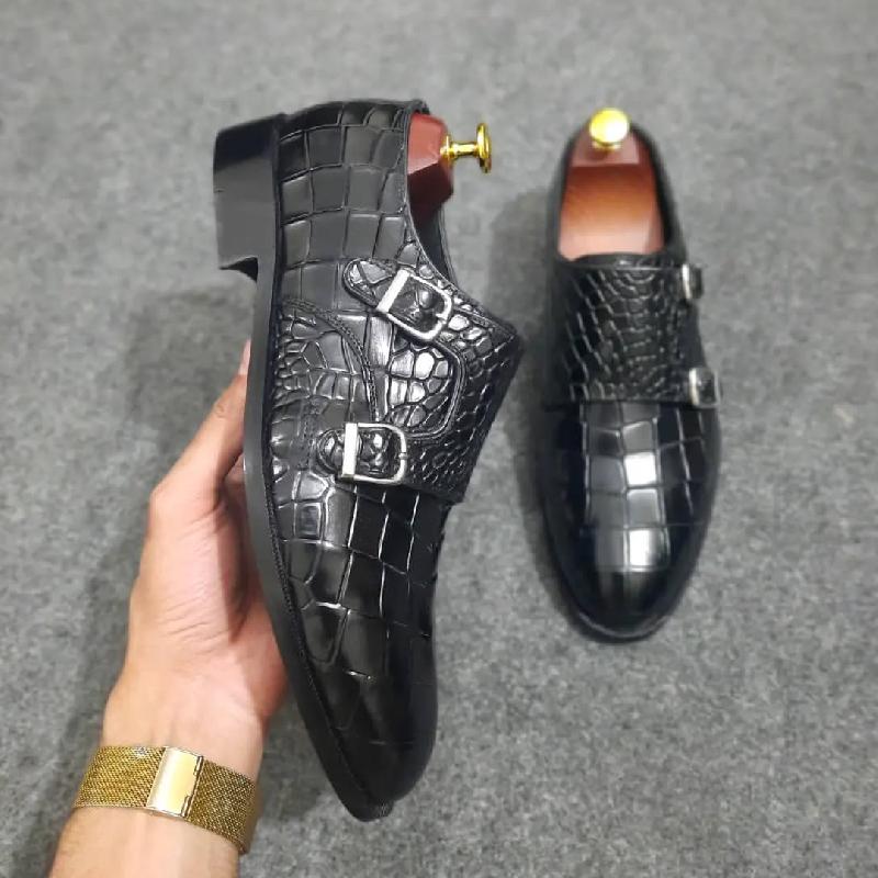Crocodile Textured Leather Double monk Dress Shoes