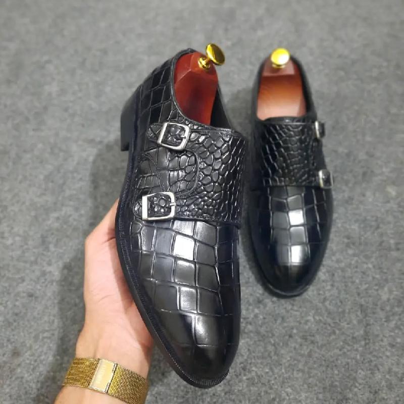 Crocodile Textured Leather Double monk Dress Shoes