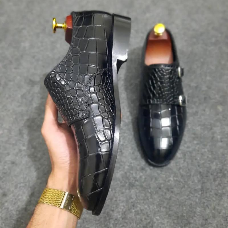Crocodile Textured Leather Double monk Dress Shoes