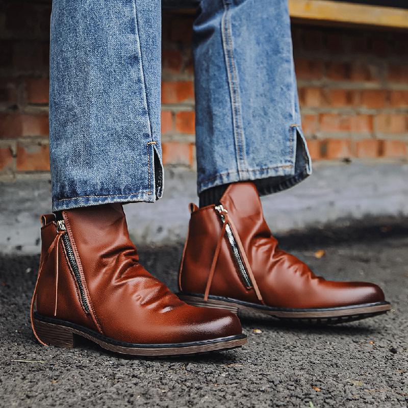 Men's Side Zipper Pleated Boots