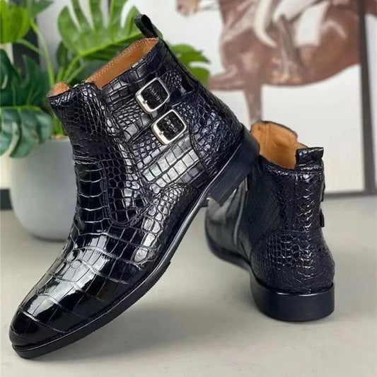 Handmade Crocodile Leather Men's Buckle Boots