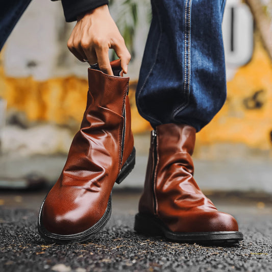 Men's Pleated Embroidery Side Zipper Biker Boots