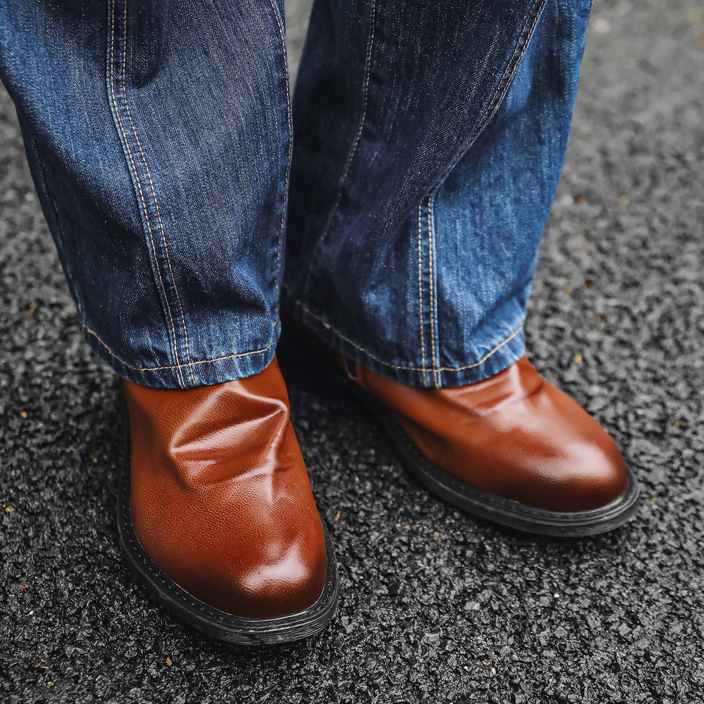 Men's Pleated Embroidery Side Zipper Biker Boots