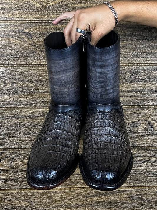 Italian Handmade Black Crocodile Leather Boots