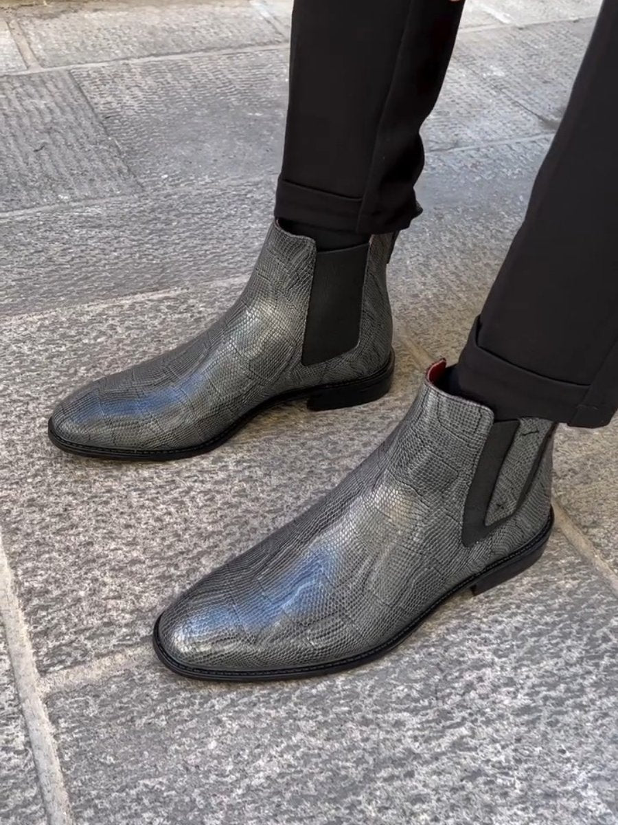 Men's Silver Snakeskin Pattern Ankle Boots