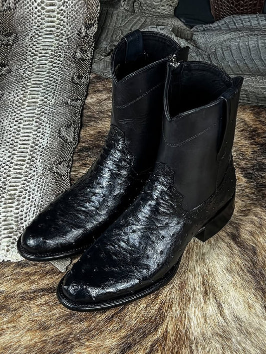 Men's Handmade Black Ostrich Leather Boots