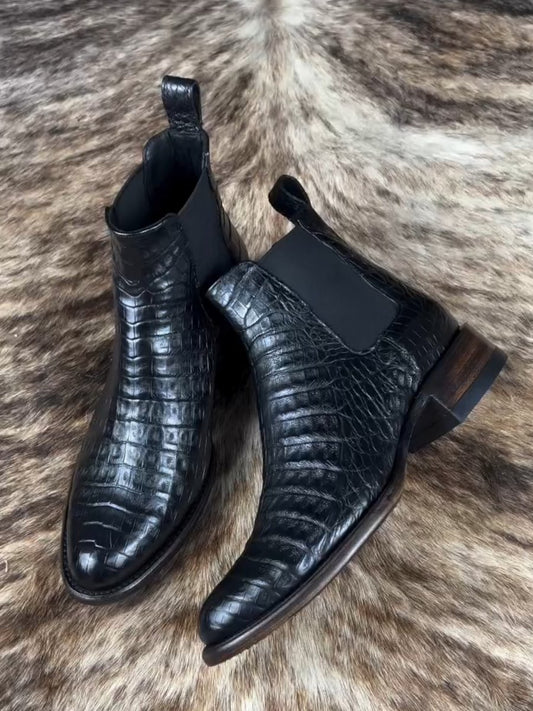 🔥Best Seller🔥Crocodile Leather Classic Black Ankle Boots