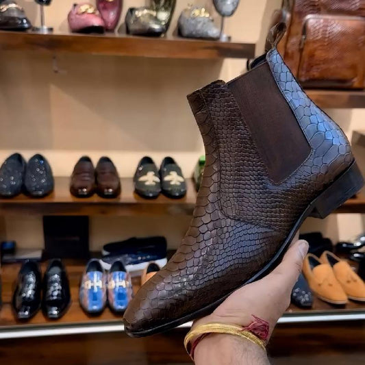 Walnut Brown Cobra Scaled Chelsea Boots