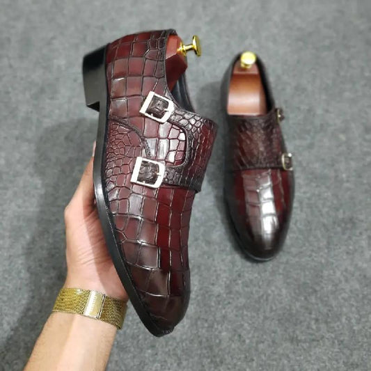 Crocodile Textured Leather Double monk Dress Shoes