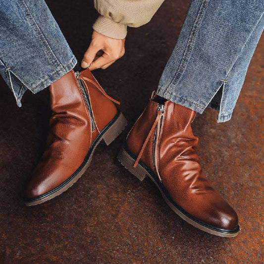 Men's Side Zipper Pleated Boots