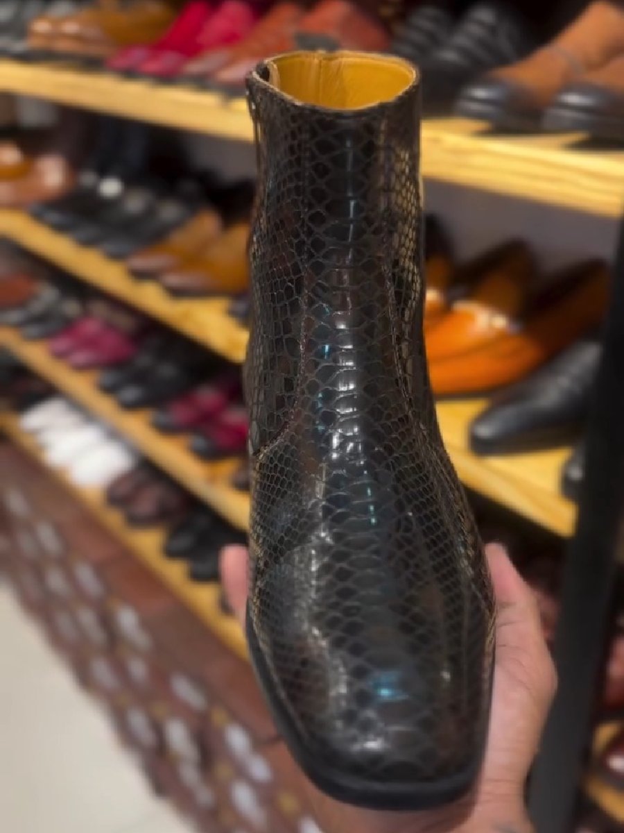 Men's Python Print Leather Handmade Ankle Boots