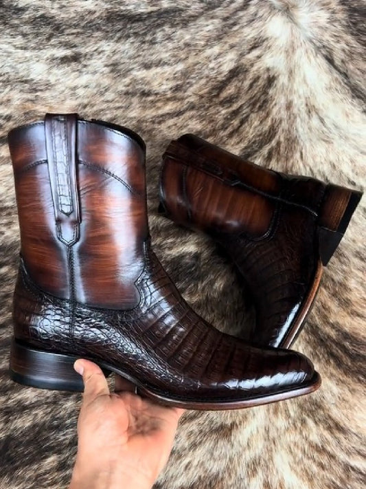 Italian Handmade Men's Crocodile Leather Zipper Boots