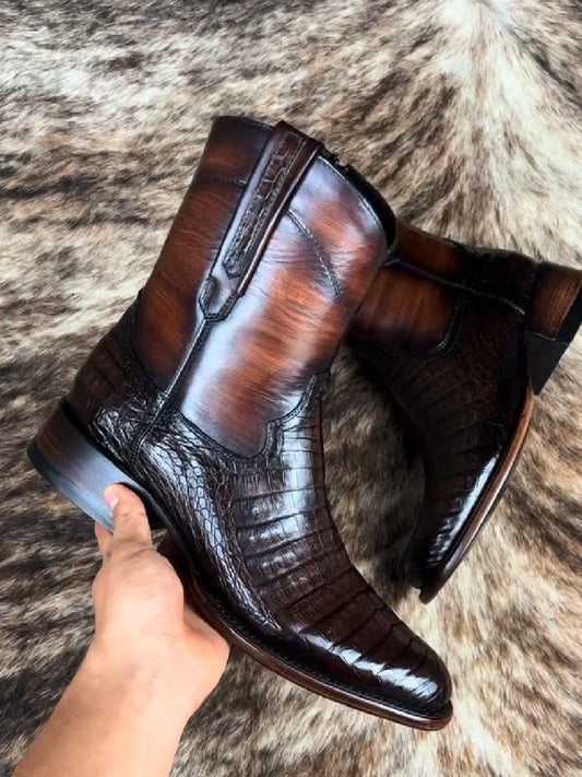 Italian Handmade Men's Crocodile Leather Zipper Boots