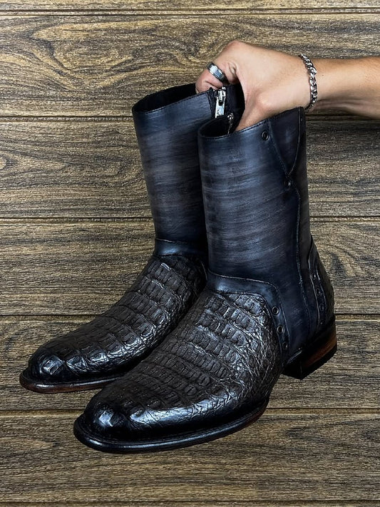 Italian Handmade Black Crocodile Leather Boots