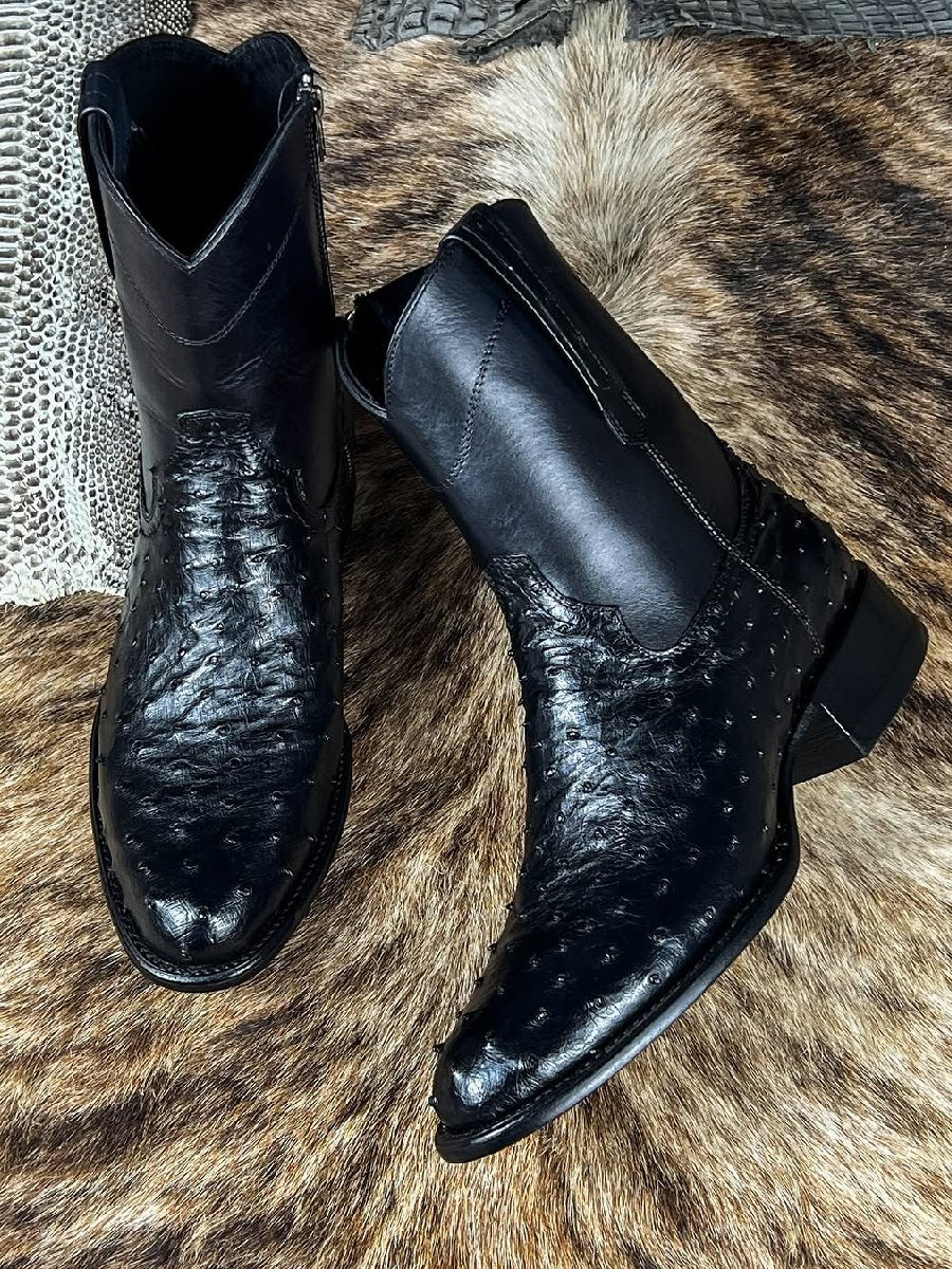 Men's Handmade Black Ostrich Leather Boots