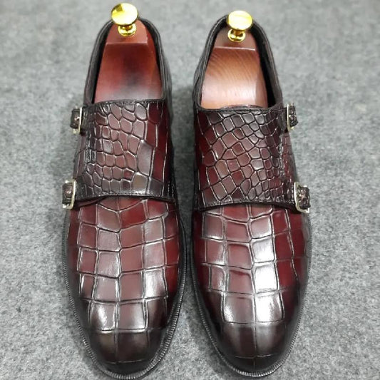 Crocodile Textured Leather Double monk Dress Shoes