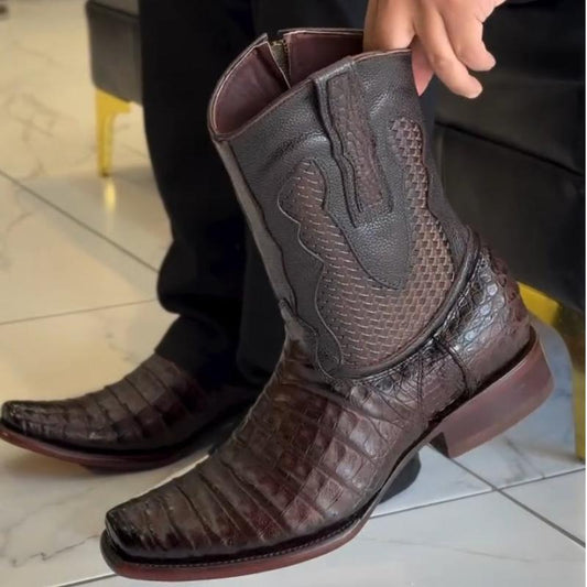 New Men's Pointed Toe Handmade Crocodile Leather Boots