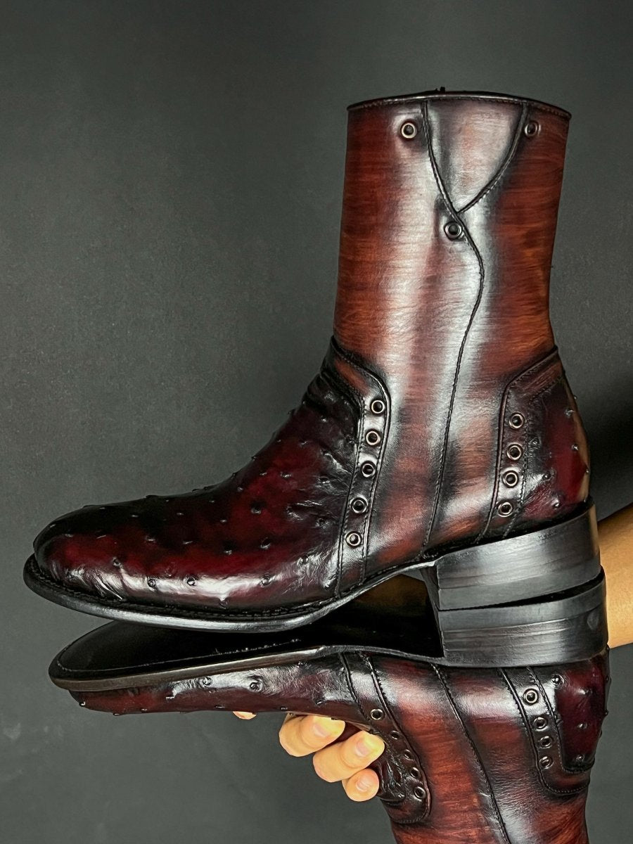 Genuine Ostrich Square Toe Western Cowboy Boot