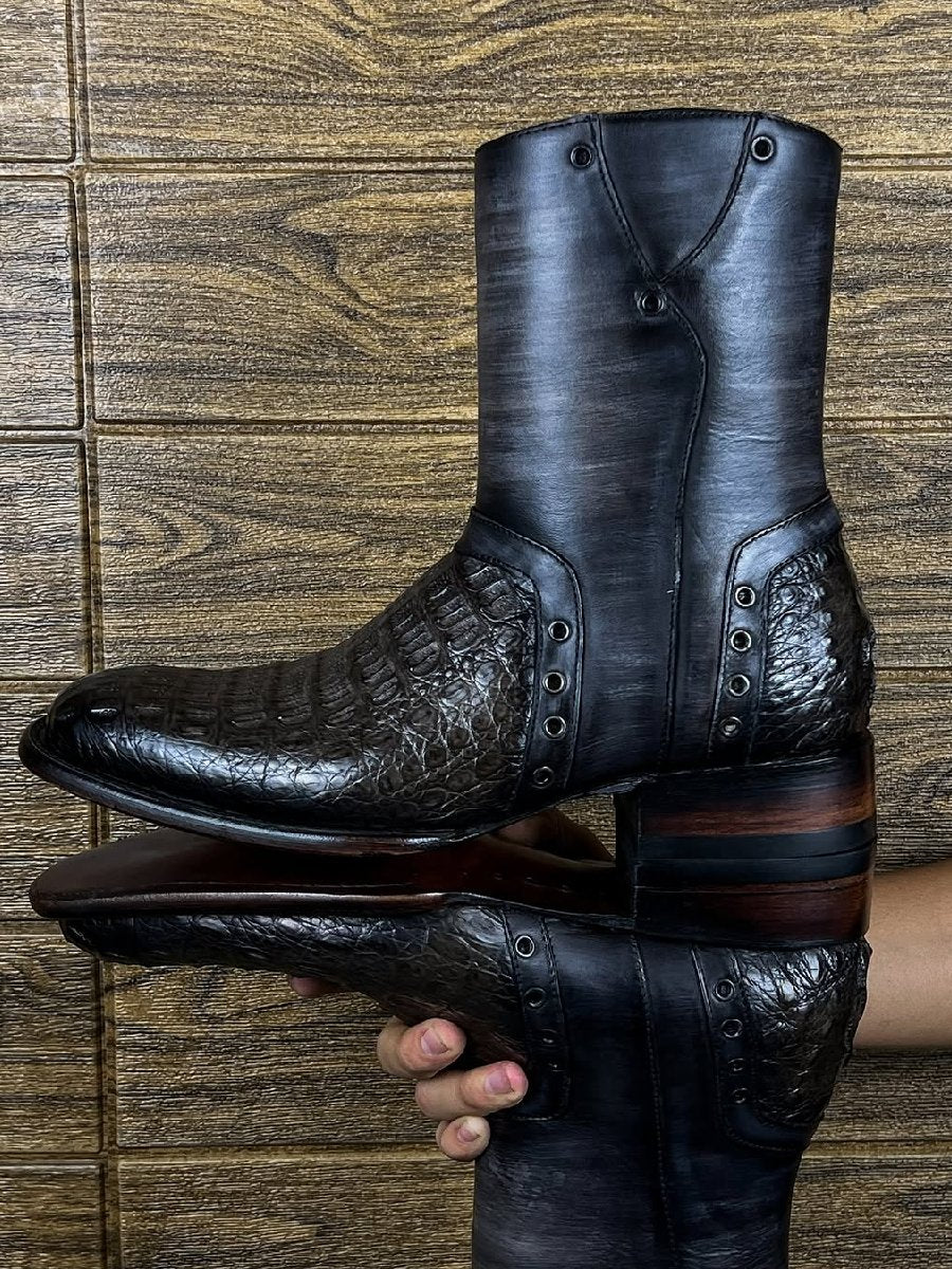 Italian Handmade Black Crocodile Leather Boots